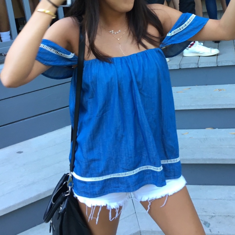 Chambrey denim off-shoulder top